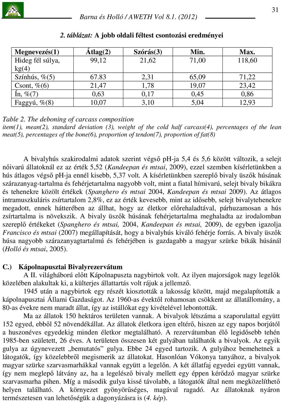 The deboning of carcass composition item(1), mean(2), standard deviation (3), weight of the cold half carcass(4), percentages of the lean meat(5), percentages of the bone(6), proportion of tendon(7),