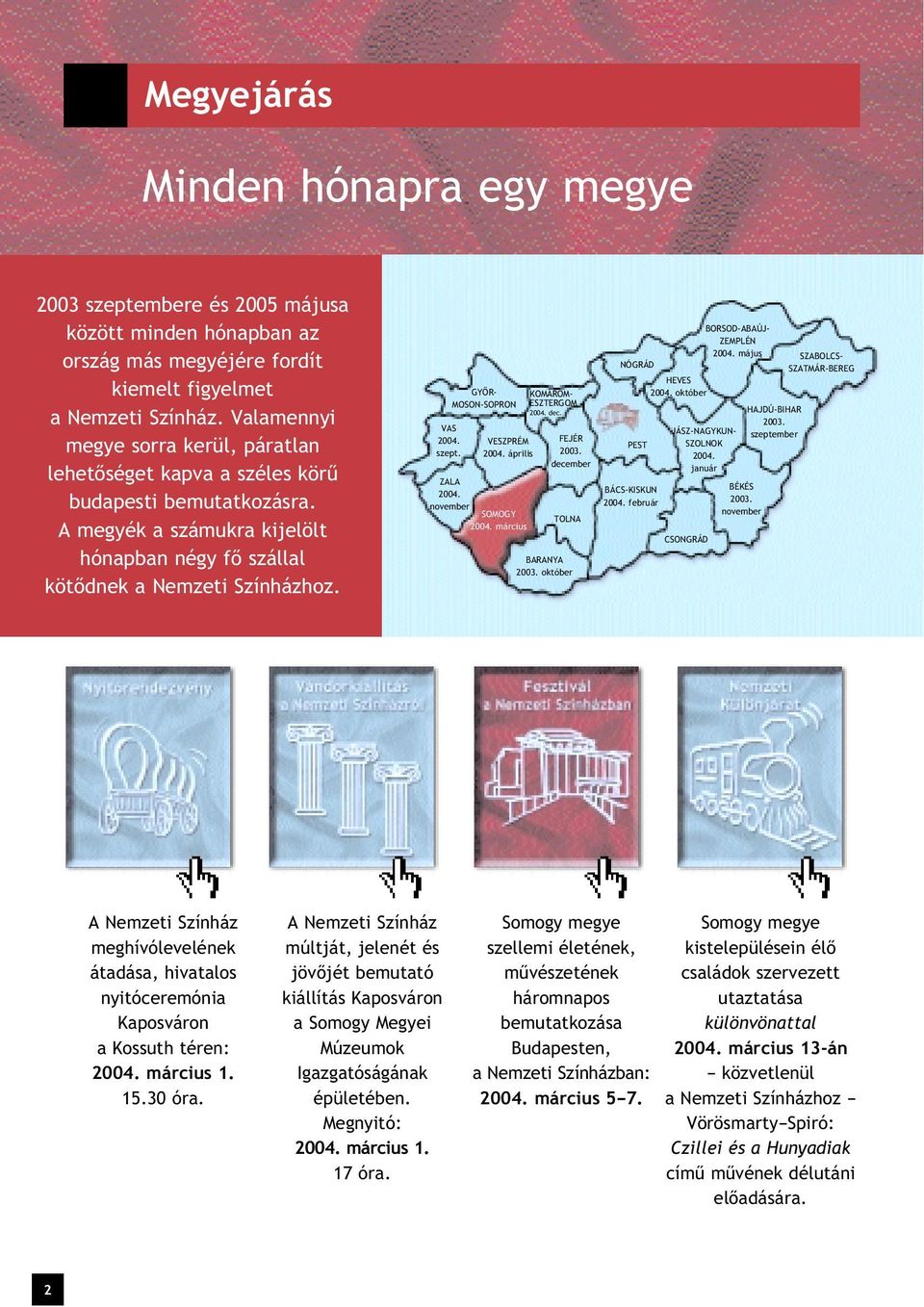 ZALA 2004. VESZPRÉM 2004. április november SOMOGY 2004. március BORSOD-ABAÚJ- ZEMPLÉN 2004. május SZABOLCS- NÓGRÁD SZATMÁR-BEREG HEVES 2004. október HAJDÚ-BIHAR 2003.