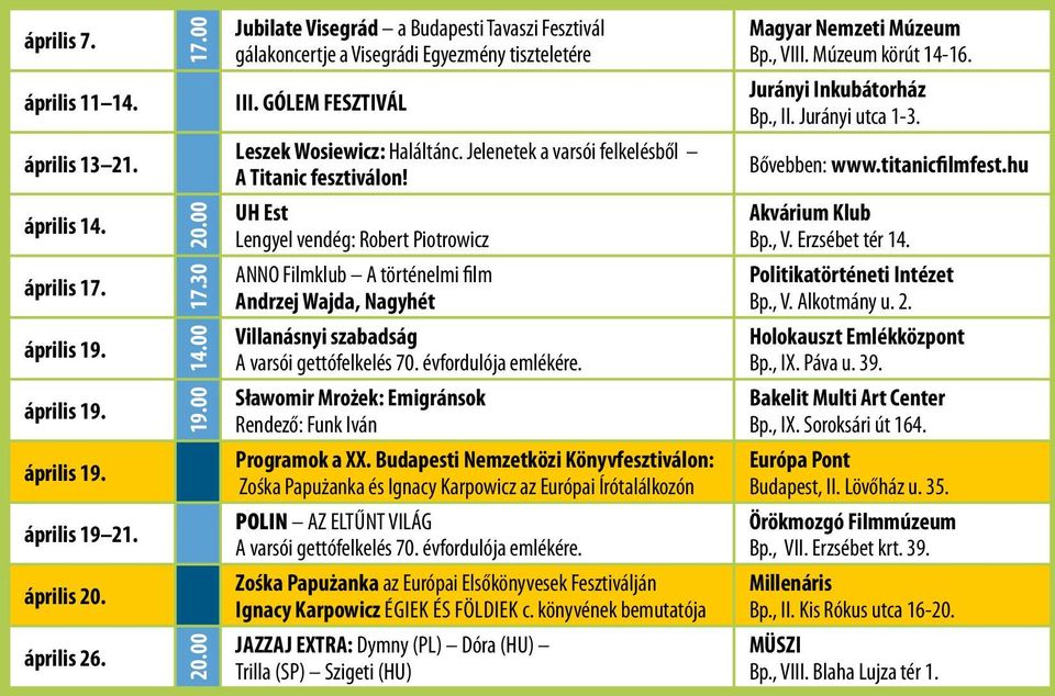 20.00 UH st engyel vendég: Robert Piotrowicz Akvárium Klub Bp., V. rzsébet tér 14. április 17. 17.30 ANNO Filmklub A történelmi film Andrzej Wajda, Nagyhét Politikatörténeti Intézet Bp., V. Alkotmány u.