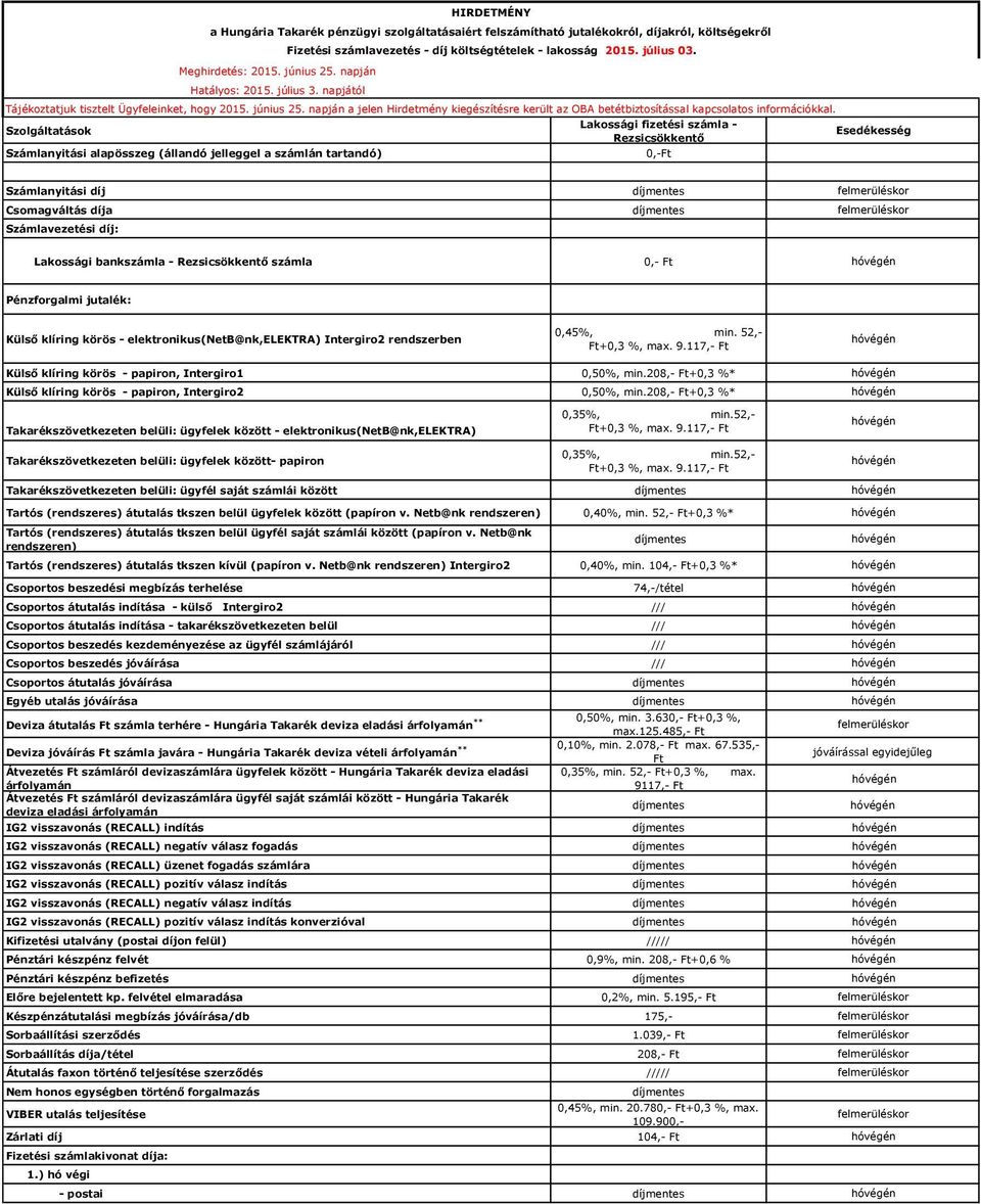 Tájékoztatjuk tisztelt Ügyfeleinket, hogy 2015. június 25. napján a jelen Hirdetmény kiegészítésre került az OBA betétbiztosítással kapcsolatos információkkal.