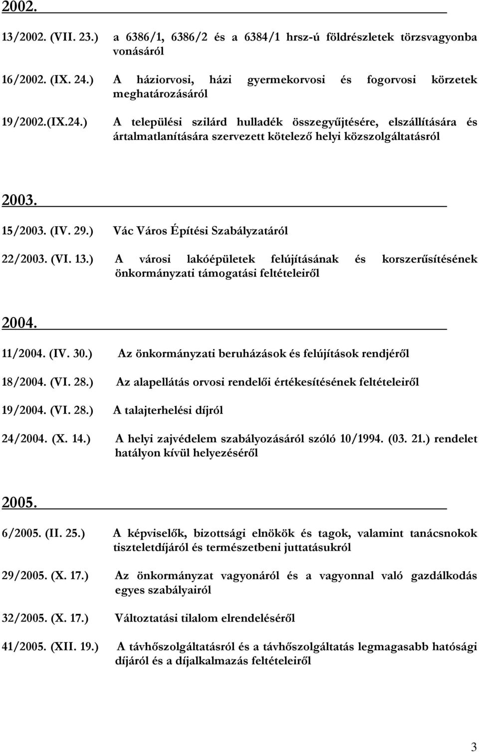 ) Vác Város Építési Szabályzatáról 22/2003. (VI. 13.) A városi lakóépületek felújításának és korszerűsítésének önkormányzati támogatási feltételeiről 2004. 11/2004. (IV. 30.