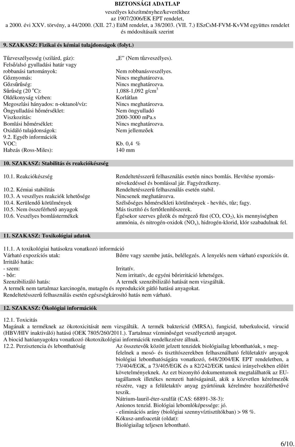 s Bomlási hımérséklet: Oxidáló tulajdonságok: Nem jellemzıek 9.2. Egyéb információk VOC: Kb. 0,4 % Habzás (Ross-Miles): 140 mm 10. SZAKASZ: Stabilitás és reakciókészség 10.1. Reakciókészség Rendeltetésszerő felhasználás esetén nincs bomlás.