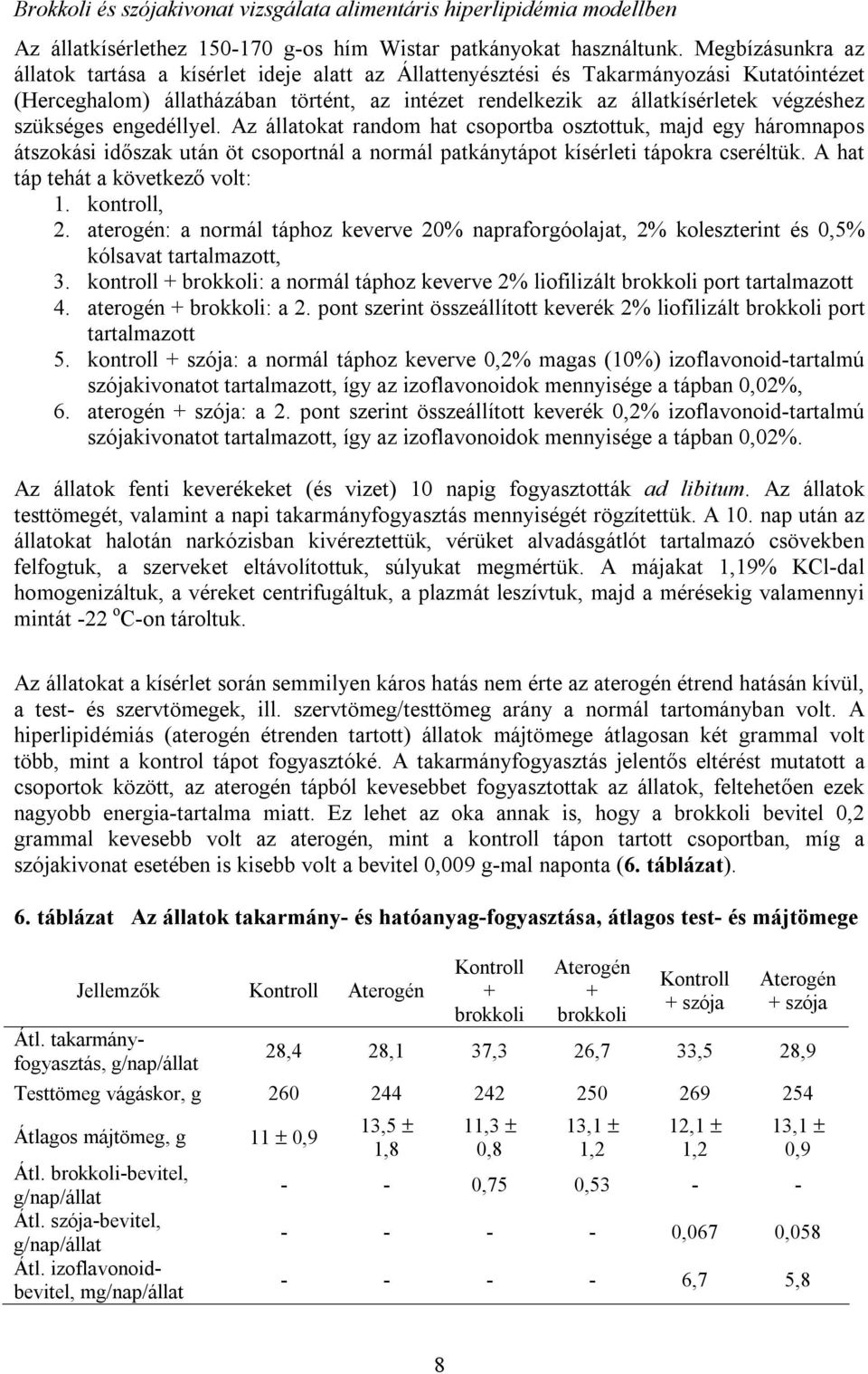 szükséges engedéllyel. Az állatokat random hat csoportba osztottuk, majd egy háromnapos átszokási időszak után öt csoportnál a normál patkánytápot kísérleti tápokra cseréltük.