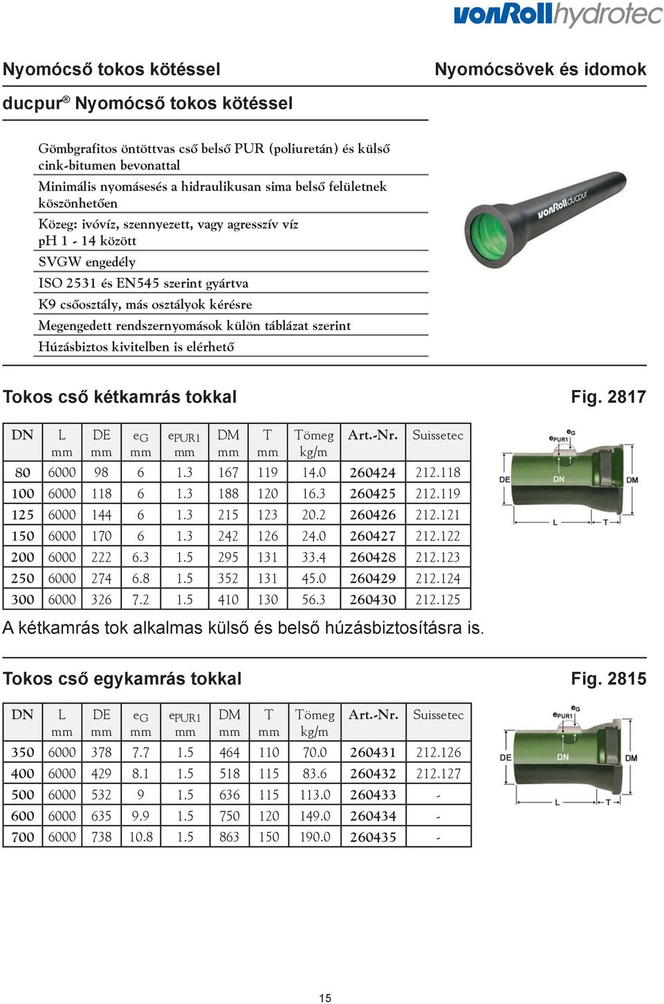 rendszernyomások külön táblázat szerint Húzásbiztos kivitelben is elérhető Tokos cső kétkamrás tokkal Fig. 2817 DN L DE e G e PUR1 DM T Tömeg kg/m Art.-Nr. Suissetec 80 6000 98 6 1.3 167 119 14.