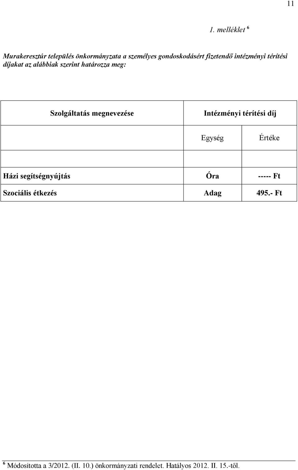 Intézményi térítési díj Egység Értéke Házi segítségnyújtás Óra ----- Ft Szociális étkezés