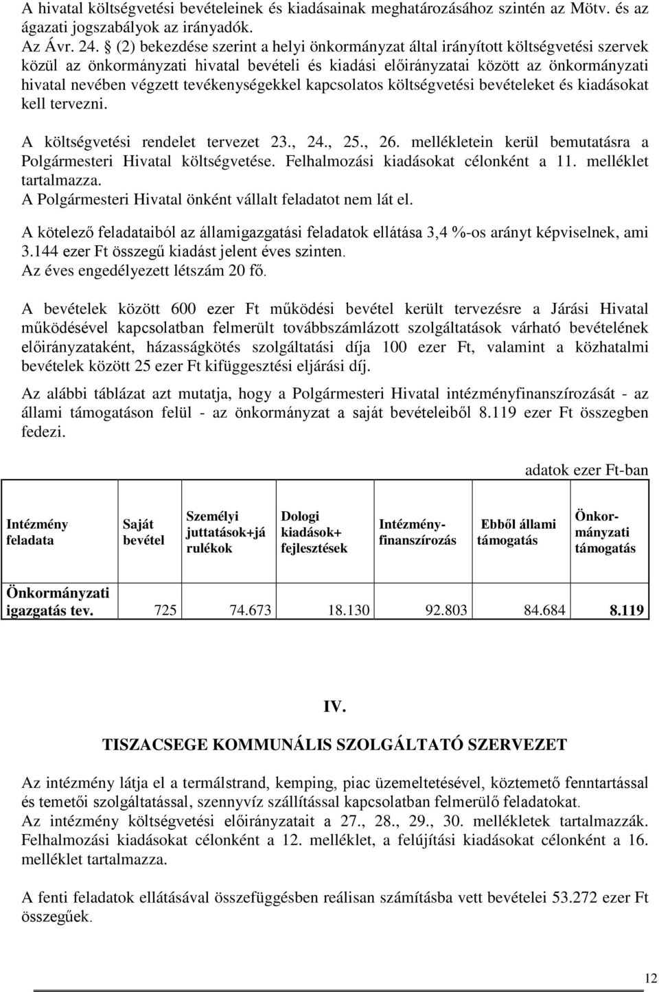 tevékenységekkel kapcsolatos költségvetési bevételeket és kiadásokat kell tervezni. A költségvetési rendelet tervezet 23., 24., 25., 26.