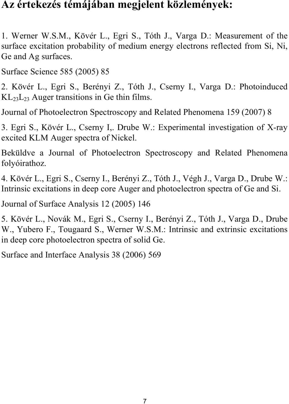 , Cserny I., Varga D.: Photoinduced KL 23 L 23 Auger transitions in Ge thin films. Journal of Photoelectron Spectroscopy and Related Phenomena 159 (2007) 8 3. Egri S., Kövér L., Cserny I,. Drube W.