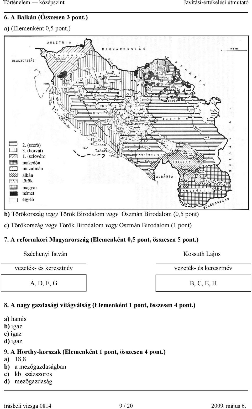 Birodalom (1 pont) 7. A reformkori Magyarország (Elemenként 0,5 pont, összesen 5 pont.