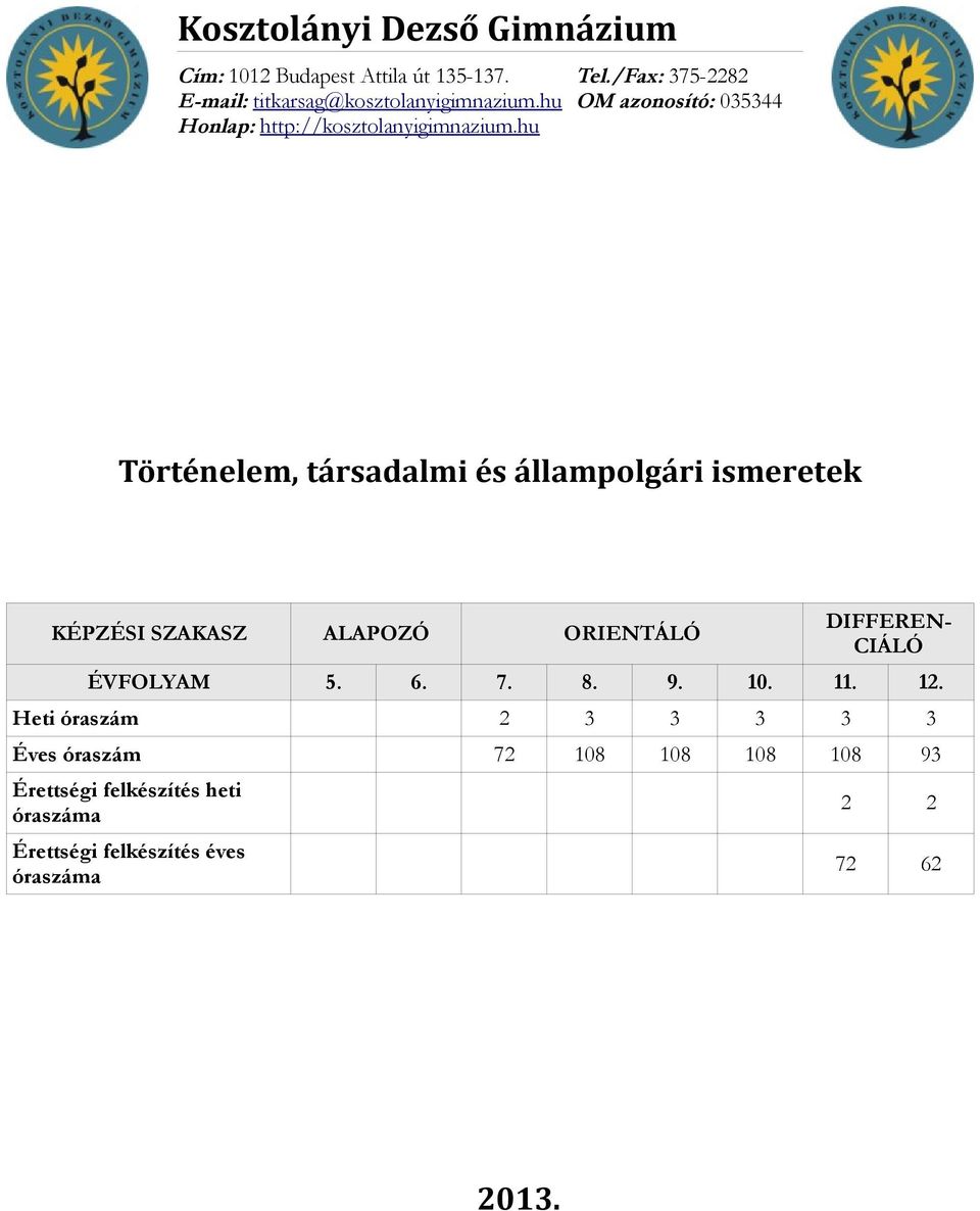 hu Történelem, társadalmi és állampolgári ismeretek KÉPZÉSI SZAKASZ ALAPOZÓ ORIENTÁLÓ DIFFEREN- CIÁLÓ ÉVFOLYAM 5. 6.