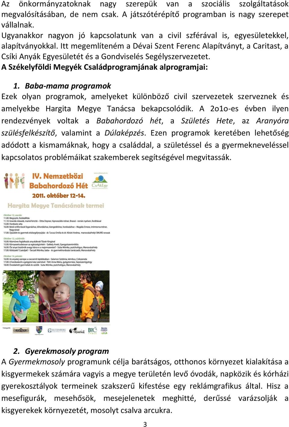 Itt megemlíteném a Dévai Szent Ferenc Alapítványt, a Caritast, a Csíki Anyák Egyesületét és a Gondviselés Segélyszervezetet. A Székelyföldi Megyék Családprogramjának alprogramjai: 1.