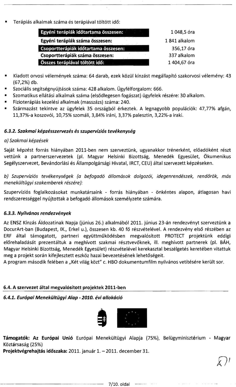 db. Szocialis segftsegnyujtasok szama: 428 alkalom. Ogyfelforgalom: 666. Szomatikus e"atasi alkalmak szama (elsodlegesen fogaszat) Ugyfelek reszere: 30 alkalom.