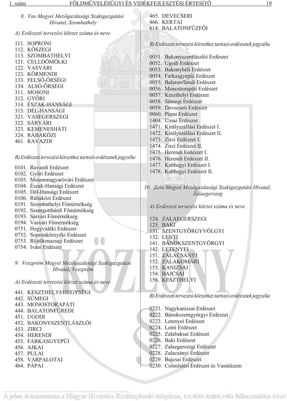 KEMENESHÁTI 324. RÁBAKÖZI 461. RAVAZDI B) Erdészeti tervezési körzethez tartozó erdészetek jegyzéke 0101. Ravazdi Erdészet 0102. Gyõri Erdészet 0103. Mosonmagyaróvári Erdészet 0104.