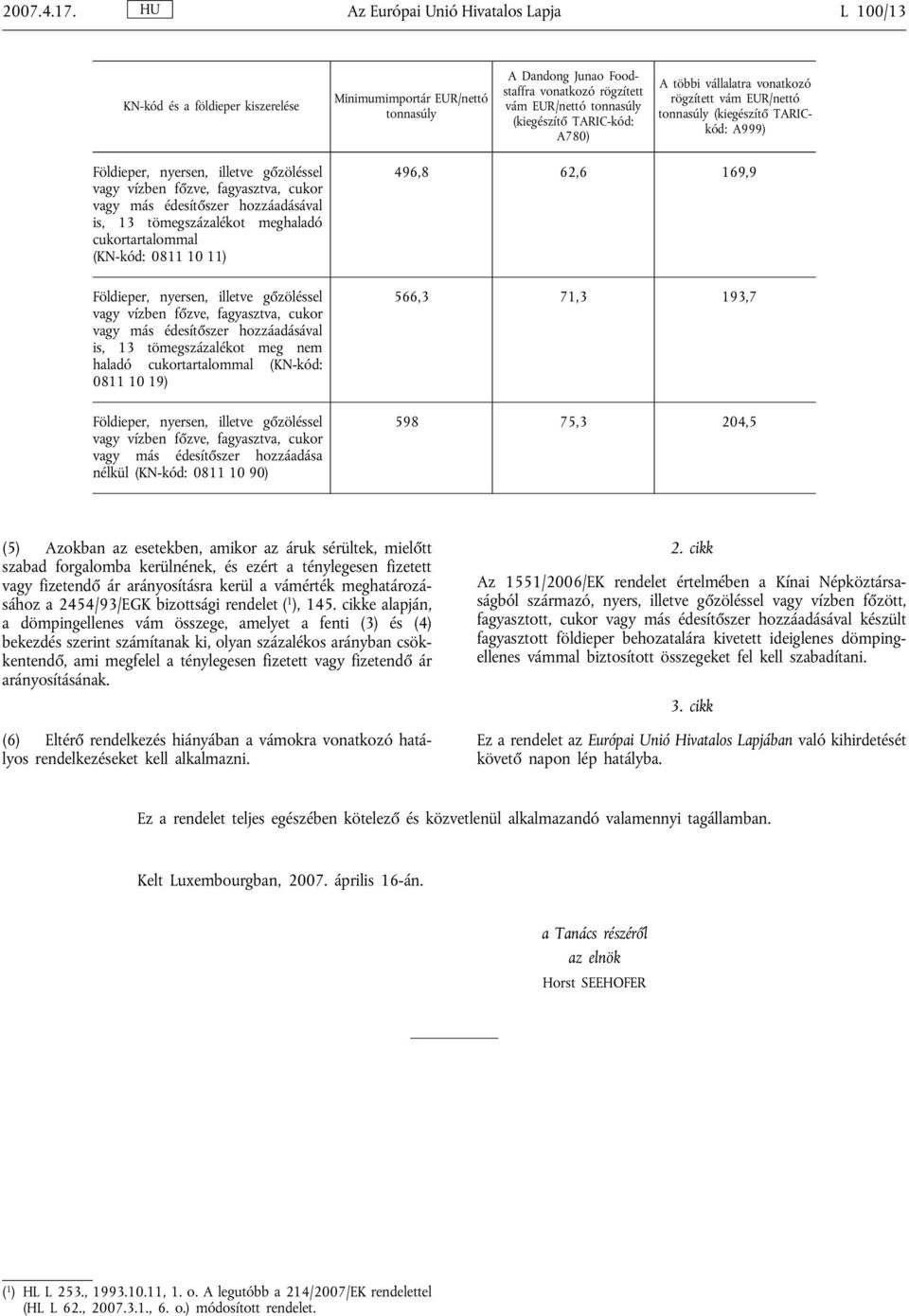 TARIC-kód: A780) A többi vállalatra vonatkozó rögzített vám EUR/nettó tonnasúly (kiegészítő TARICkód: A999) Földieper, nyersen, illetve gőzöléssel vagy vízben főzve, fagyasztva, cukor vagy más