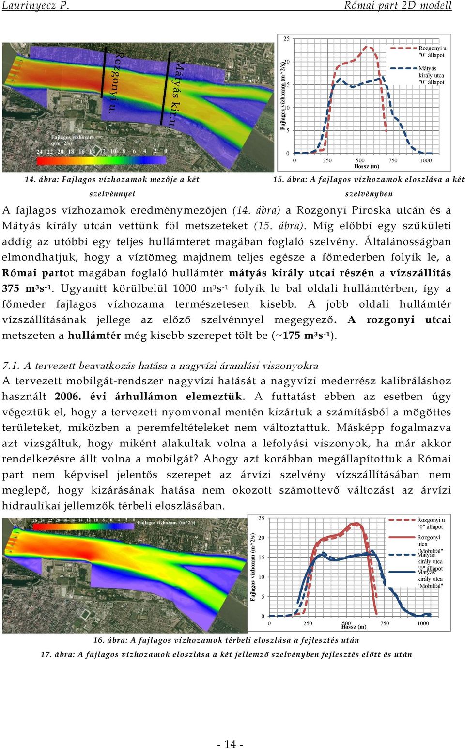 Általánosságban elmondhatjuk, hogy a víztömeg majdnem teljes egésze a főmederben folyik le, a Római partot magában foglaló hullámtér mátyás király utcai részén a vízszállítás 375 m 3 s -1.