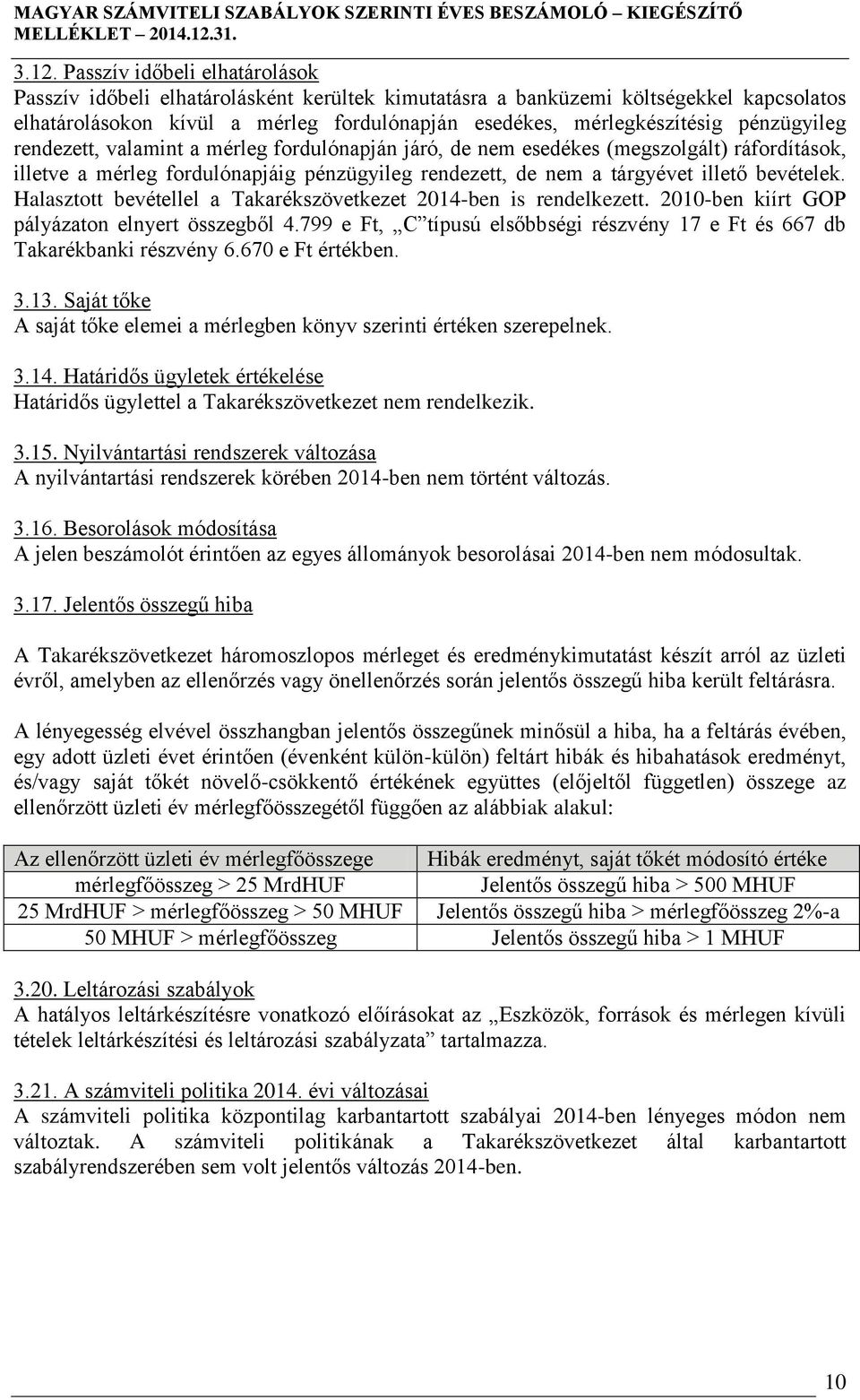 Halasztott bevétellel a Takarékszövetkezet 2014-ben is rendelkezett. 2010-ben kiírt GOP pályázaton elnyert összegből 4.799 e Ft, C típusú elsőbbségi részvény 17 e Ft és 667 db Takarékbanki részvény 6.