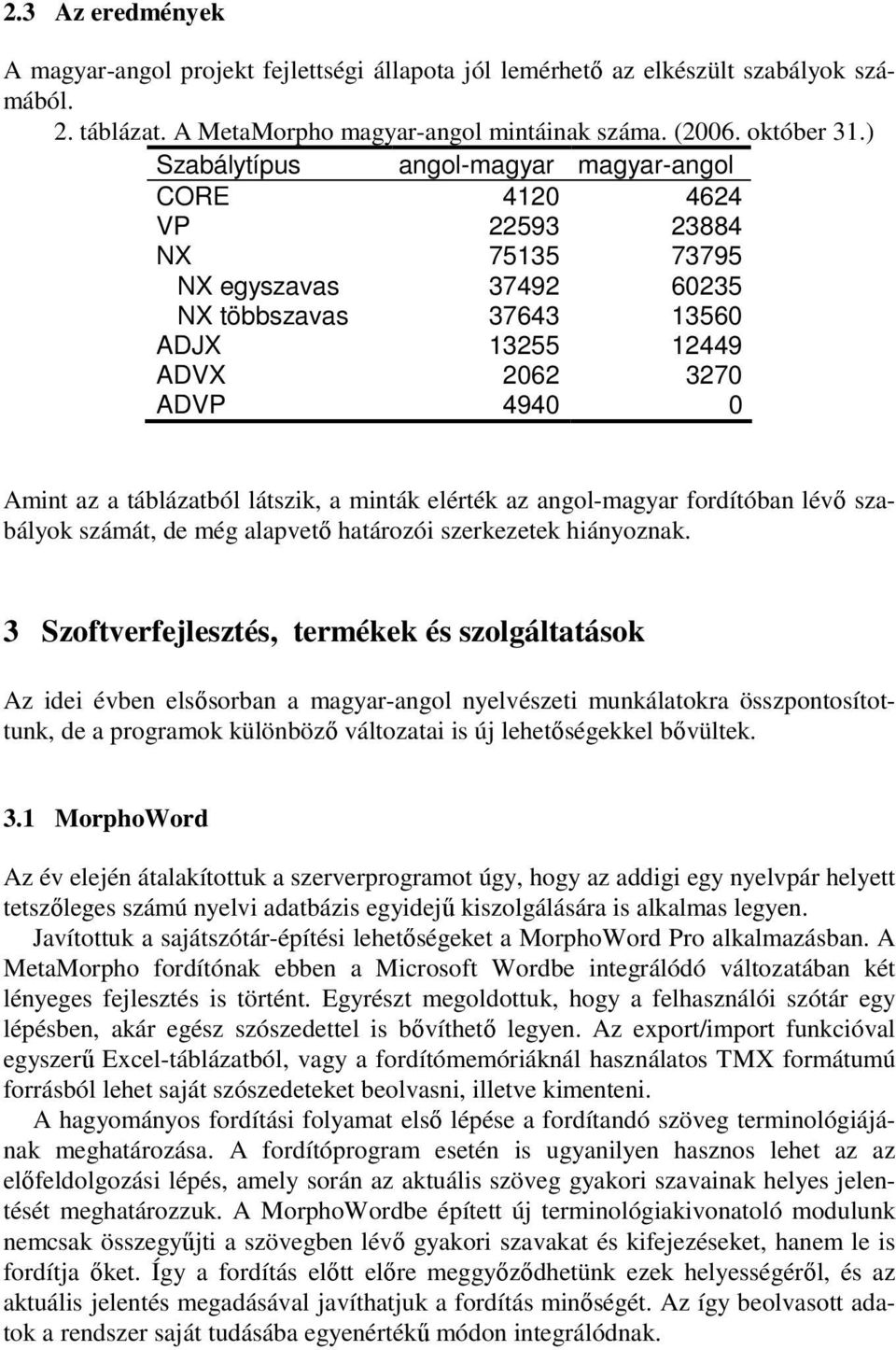 táblázatból látszik, a minták elérték az angol-magyar fordítóban lévő szabályok számát, de még alapvető határozói szerkezetek hiányoznak.