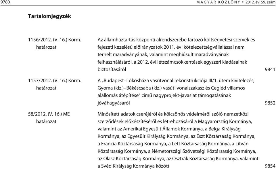 évi létszámcsökkentések egyszeri kiadásainak biztosításáról 9841 A Budapest Lõkösháza vasútvonal rekonstrukciója III/1. ütem kivitelezés; Gyoma (kiz.) Békéscsaba (kiz.