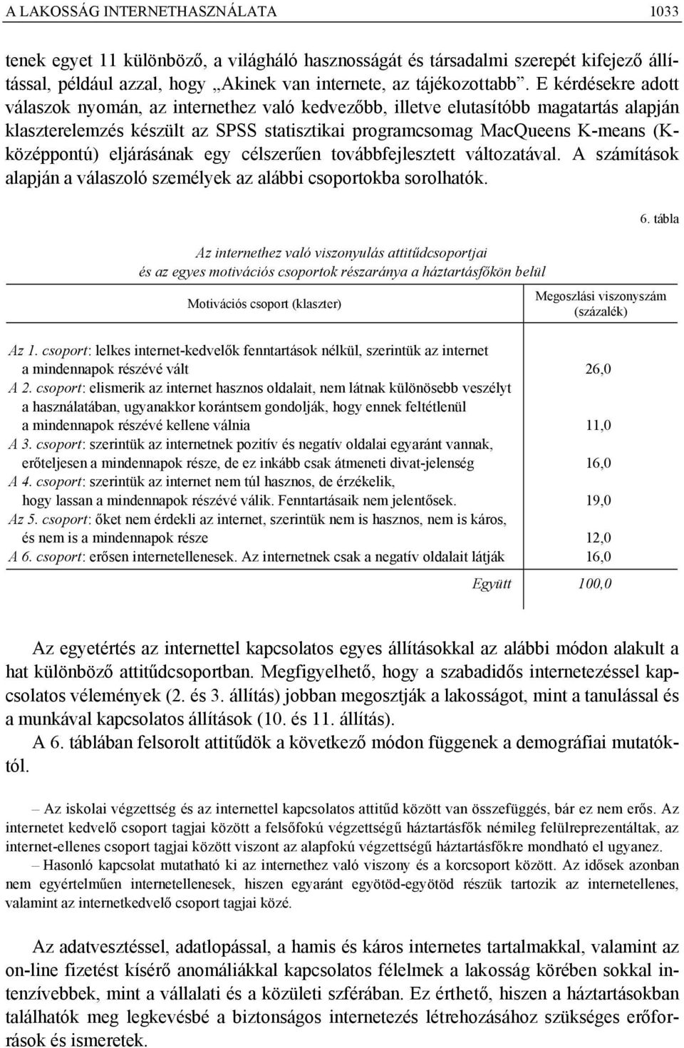 eljárásának egy célszerűen továbbfejlesztett változatával. A számítások alapján a válaszoló személyek az alábbi csoportokba sorolhatók. 6.