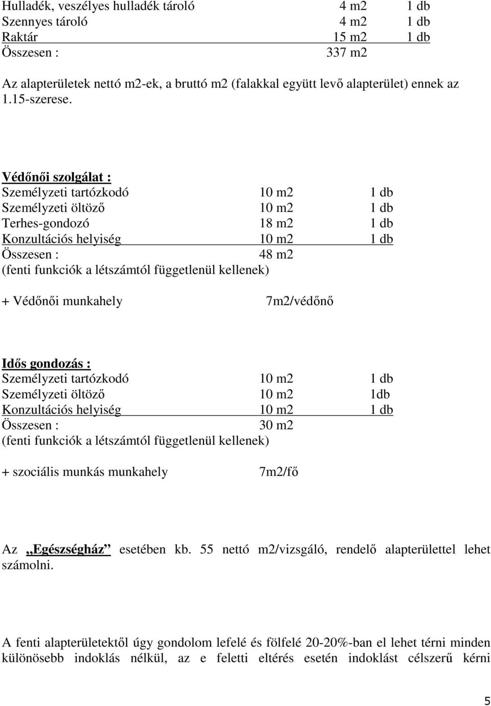 7m2/védını Idıs gondozás : Személyzeti öltözı 10 m2 1db Konzultációs helyiség 10 m2 1 db 30 m2 (fenti funkciók a létszámtól függetlenül kellenek) + szociális munkás munkahely 7m2/fı Az