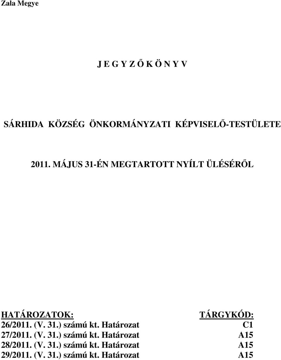 MÁJUS 31-ÉN MEGTARTOTT NYÍLT ÜLÉSÉRİL HATÁROZATOK: TÁRGYKÓD: 26/2011. (V. 31.) számú kt.