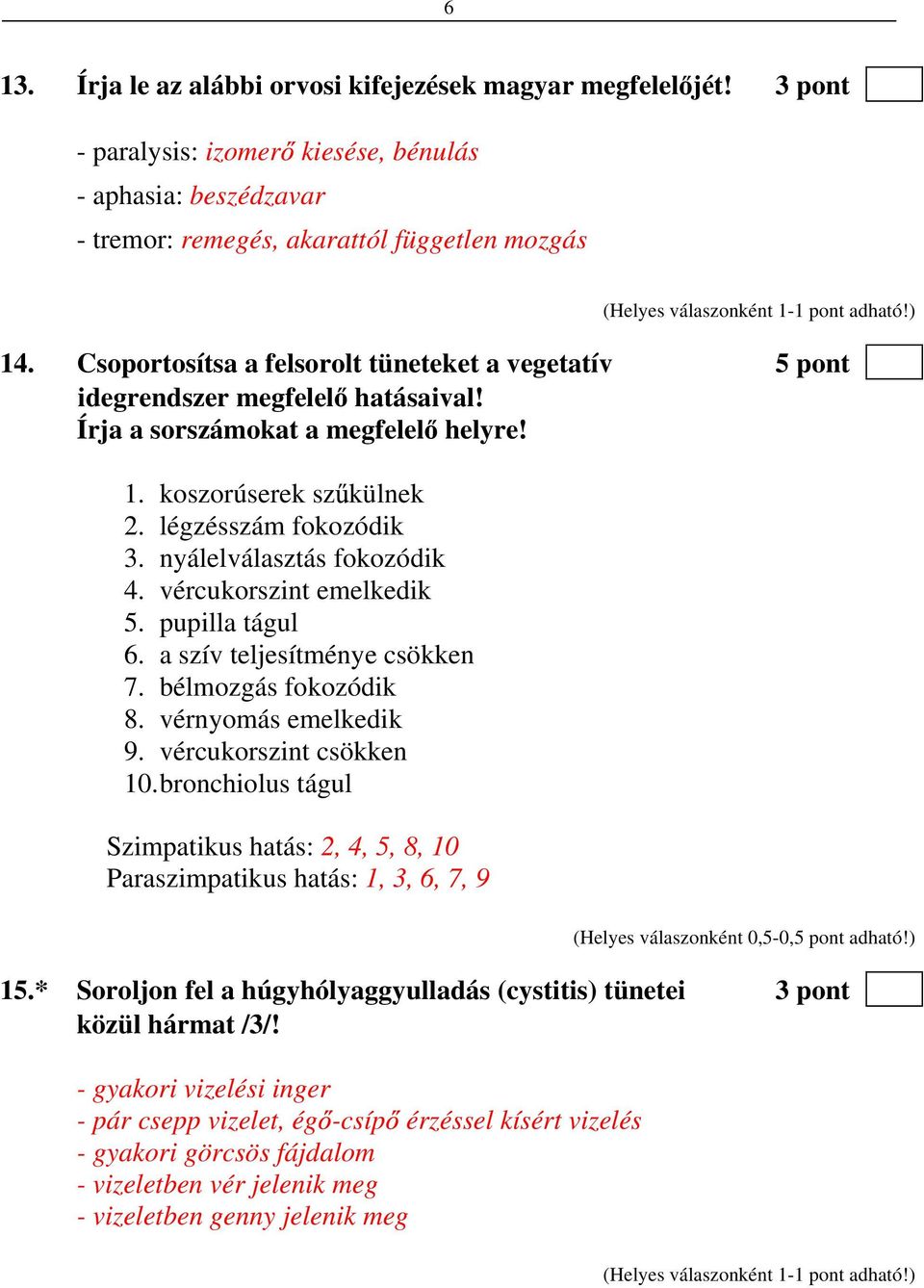 nyálelválasztás fokozódik 4. vércukorszint emelkedik 5. pupilla tágul 6. a szív teljesítménye csökken 7. bélmozgás fokozódik 8. vérnyomás emelkedik 9. vércukorszint csökken 10.