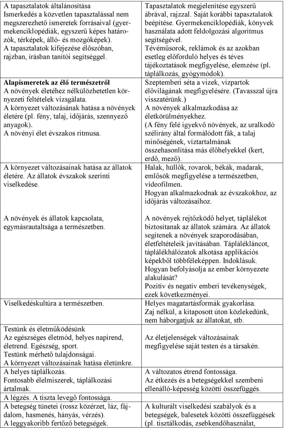 A környezet változásának hatása a növények életére (pl. fény, talaj, időjárás, szennyező anyagok). A növényi élet évszakos ritmusa. A környezet változásainak hatása az állatok életére.