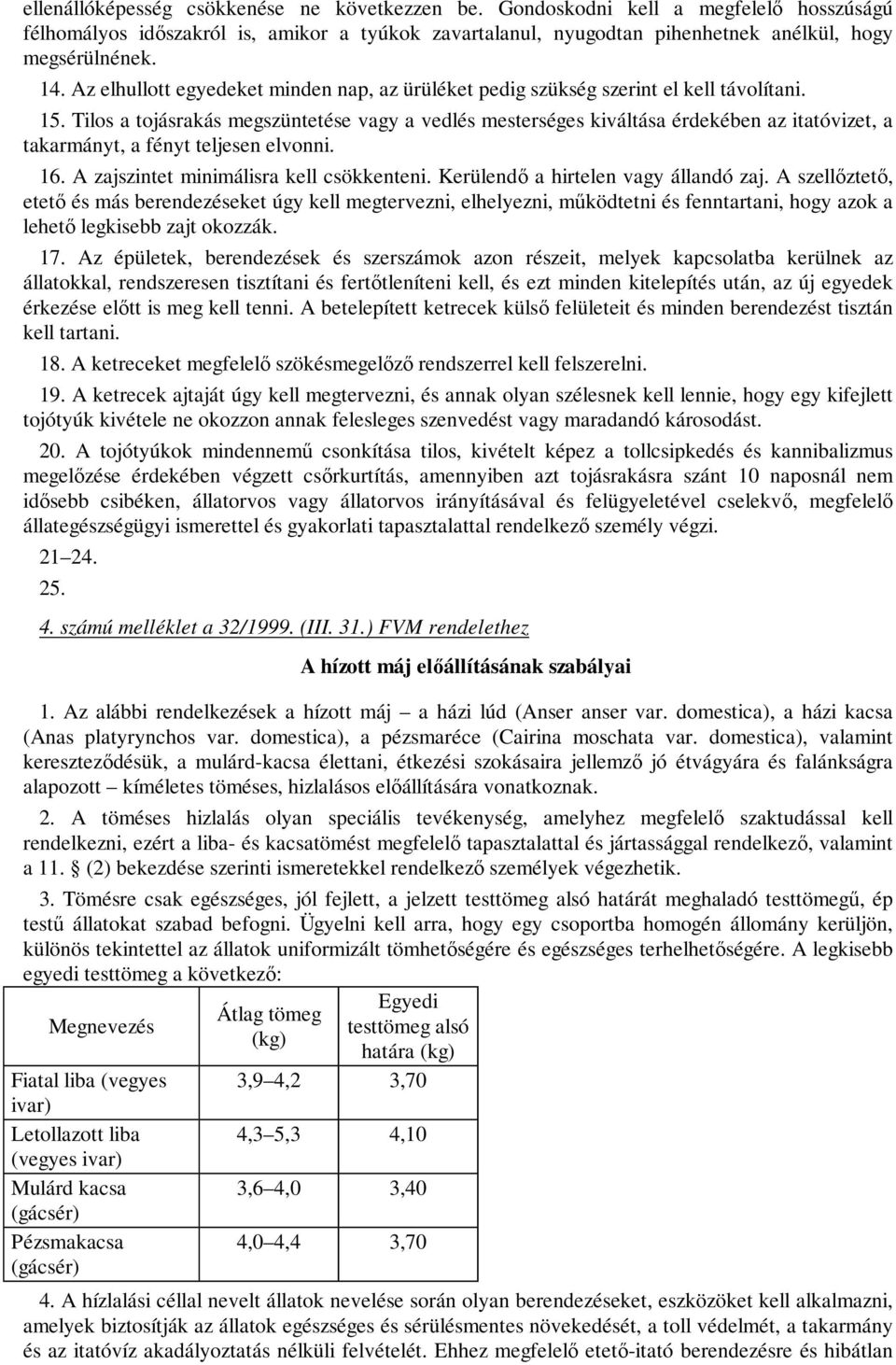 Tilos a tojásrakás megszüntetése vagy a vedlés mesterséges kiváltása érdekében az itatóvizet, a takarmányt, a fényt teljesen elvonni. 16. A zajszintet minimálisra kell csökkenteni.