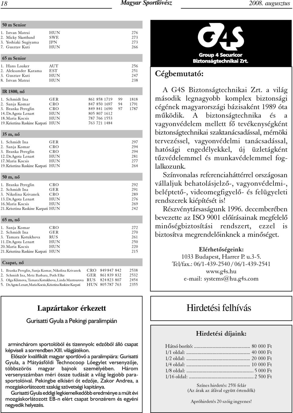 Branka Pereglin CRO 849 841 1690 97 1787 14. Dr.Agota Lenart HUN 805 807 1612 18. Maria Kocsis HUN 787 766 1553 19. Krisztina Raskine Karpati HUN 763 721 1484 35 m, nõ 1. Schmidt Ina GER 297 2.