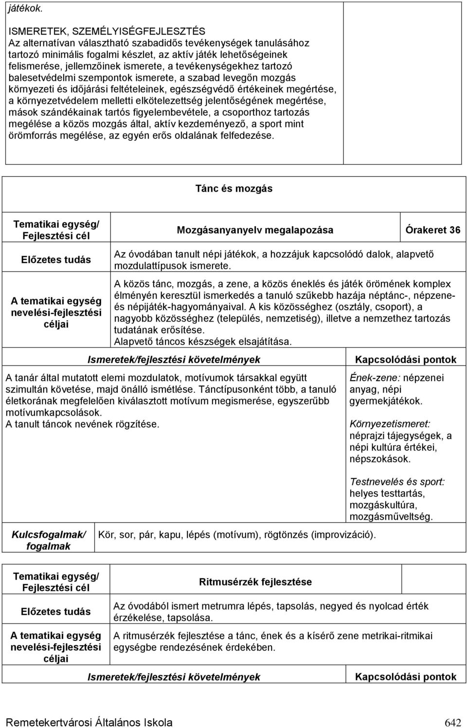 balesetvédelmi szempontok ismerete, a szabad levegőn mozgás környezeti és időjárási feltételeinek, egészségvédő értékeinek megértése, a környezetvédelem melletti elkötelezettség jelentőségének