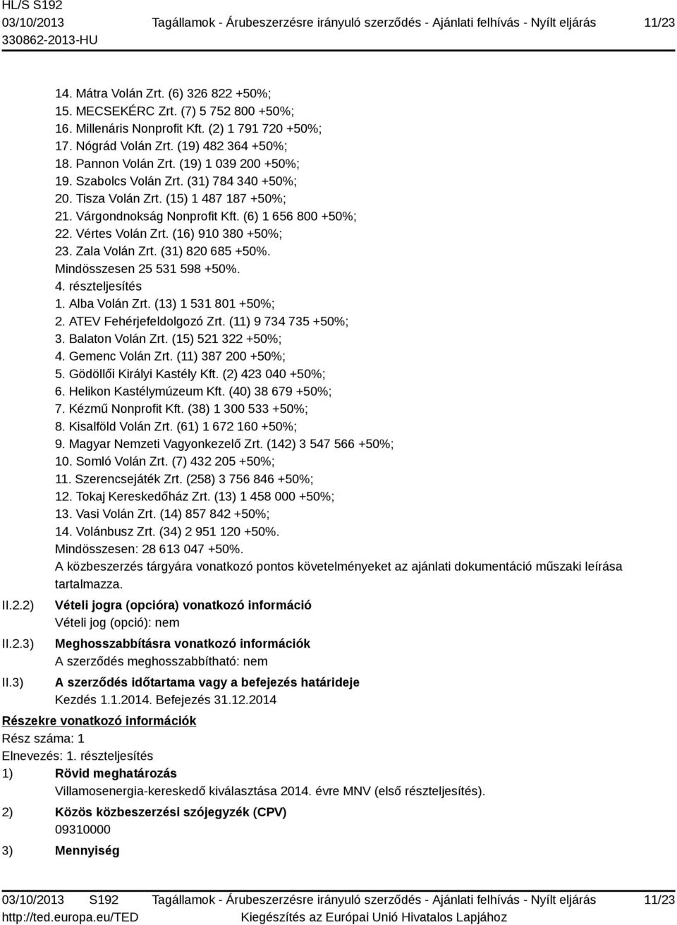 (16) 910 380 +50%; 23. Zala Volán Zrt. (31) 820 685 +50%. Mindösszesen 25 531 598 +50%. 4. részteljesítés 1. Alba Volán Zrt. (13) 1 531 801 +50%; 2. ATEV Fehérjefeldolgozó Zrt. (11) 9 734 735 +50%; 3.