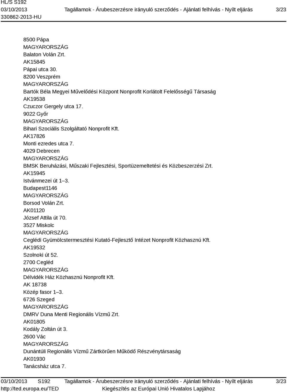 AK15945 Istvánmezei út 1 3. Budapest1146 Borsod Volán Zrt. AK01120 József Attila út 70. 3527 Miskolc Ceglédi Gyümölcstermesztési Kutató-Fejlesztő Intézet Nonprofit Közhasznú Kft.