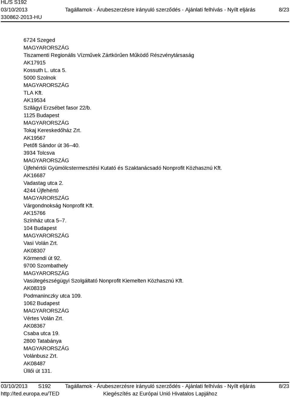 AK16687 Vadastag utca 2. 4244 Újfehértó Várgondnokság Nonprofit Kft. AK15766 Színház utca 5 7. 104 Budapest Vasi Volán Zrt. AK08307 Körmendi út 92.