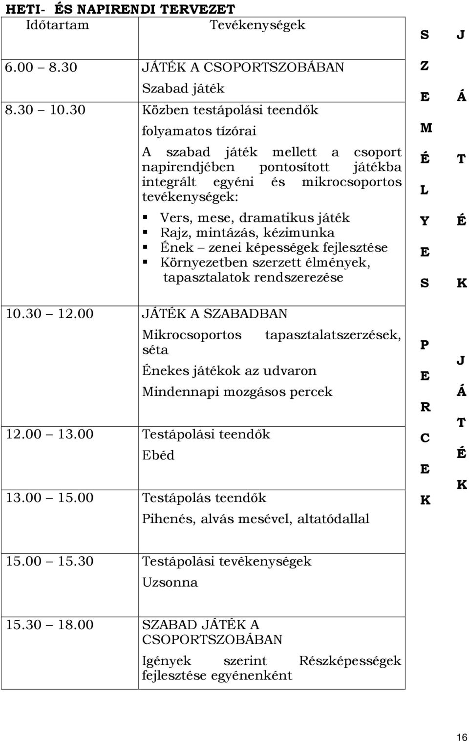 Rajz, mintázás, kézimunka Ének zenei képességek fejlesztése Környezetben szerzett élmények, tapasztalatok rendszerezése 10.30 12.