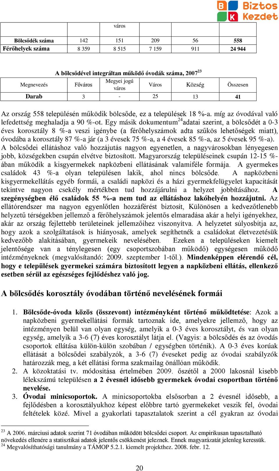 Egy másik dokumentum 24 adatai szerint, a bölcsődét a 0-3 éves korosztály 8 %-a veszi igénybe (a férőhelyszámok adta szűkös lehetőségek miatt), óvodába a korosztály 87 %-a jár (a 3 évesek 75 %-a, a 4