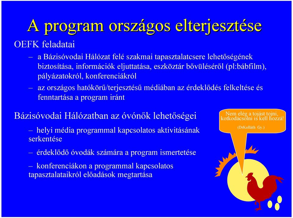 program iránt Bázisóvodai Hálózatban az óvónők lehetőségei helyi média programmal kapcsolatos aktivitásának serkentése Nem elég a tojást tojni,