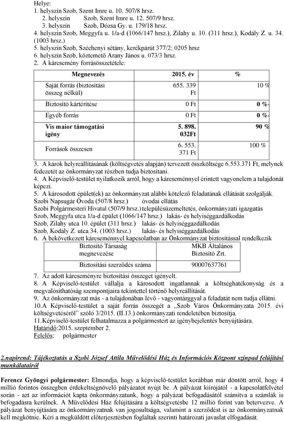 A káresemény forrásösszetétele: Megnevezés 2015. év % Saját forrás (biztosítási összeg nélkül) 655.