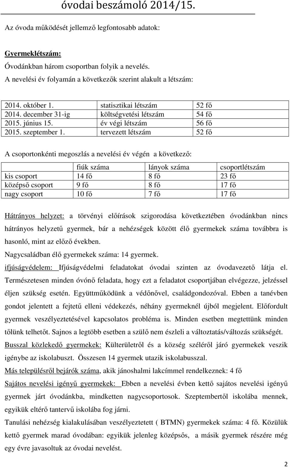 tervezett létszám 52 fő A csoportonkénti megoszlás a nevelési év végén a következő: fiúk száma lányok száma csoportlétszám kis csoport 14 fő 8 fő 23 fő középső csoport 9 fő 8 fő 17 fő nagy csoport 10