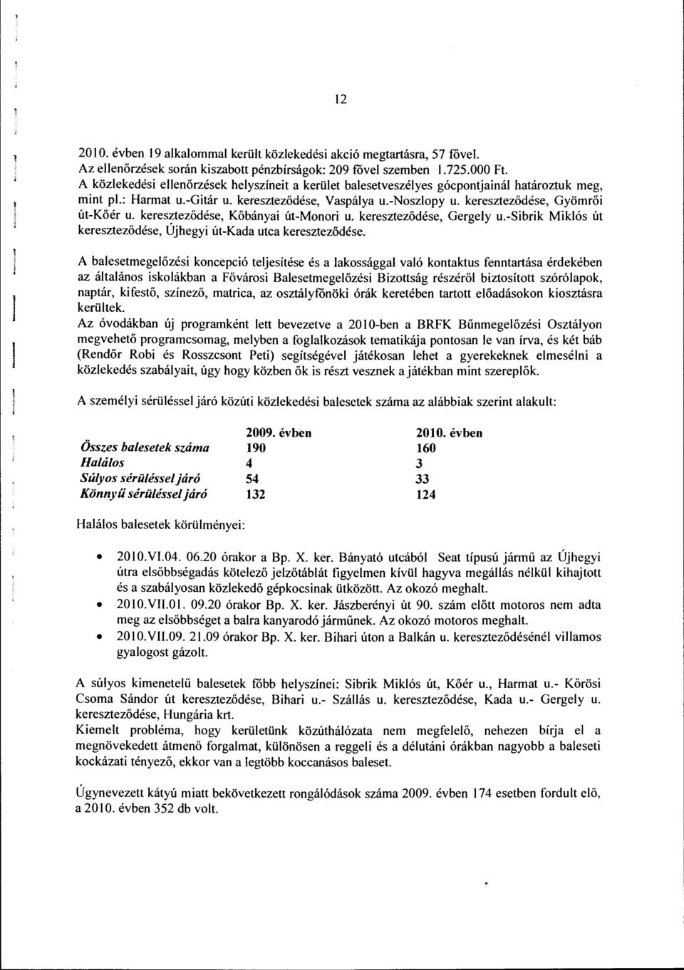 kereszteződése, Kőbányai út-monori u. kereszteződése, Gergey u.-sibrik Mikós út kereszteződése, Újhegyi út-kada utca kereszteződése.