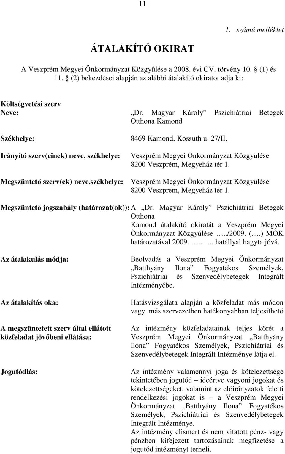 Magyar Károly Pszichiátriai Betegek Otthona Kamond Székhelye: Irányító szerv(einek) neve, székhelye: 8469 Kamond, Kossuth u. 27/II.