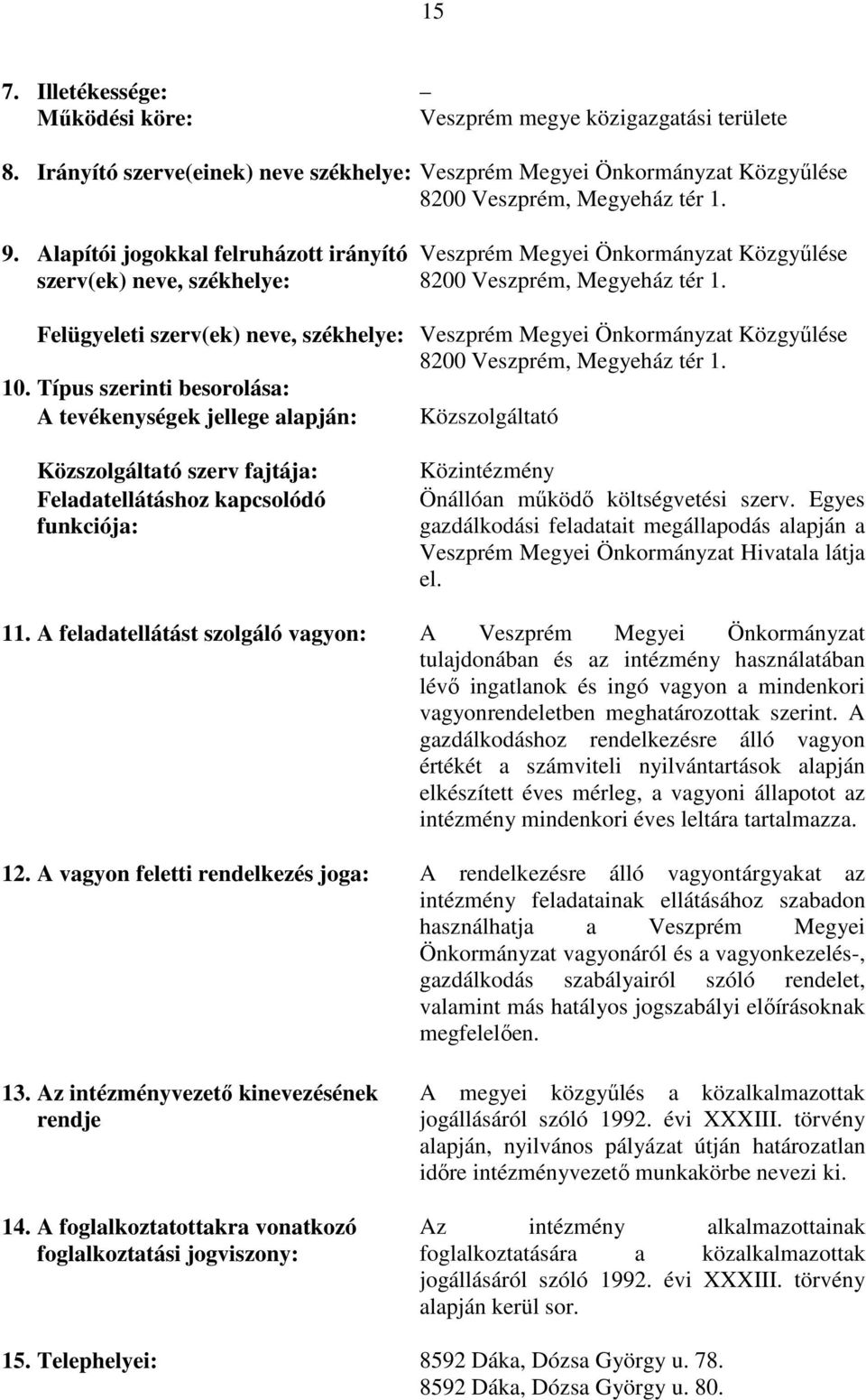 Felügyeleti szerv(ek) neve, székhelye: Veszprém Megyei Önkormányzat Közgyűlése 8200 Veszprém, Megyeház tér 1. 10.