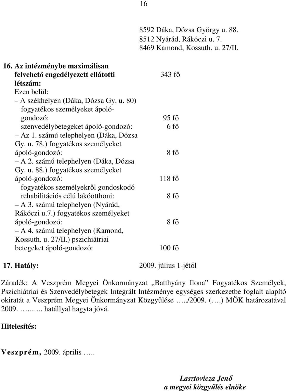 számú telephelyen (Dáka, Dózsa Gy. u. 78.) fogyatékos személyeket ápoló-gondozó: A 2. számú telephelyen (Dáka, Dózsa Gy. u. 88.