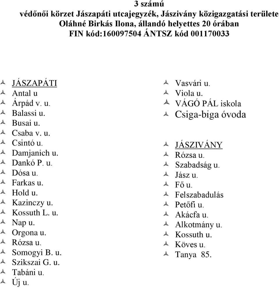 Farkas u. Hold u. Kazinczy u. Kossuth L. u. Nap u. Orgona u. Rózsa u. Somogyi B. u. Szikszai G. u. Tabáni u. Új u. Vasvári u. Viola u.