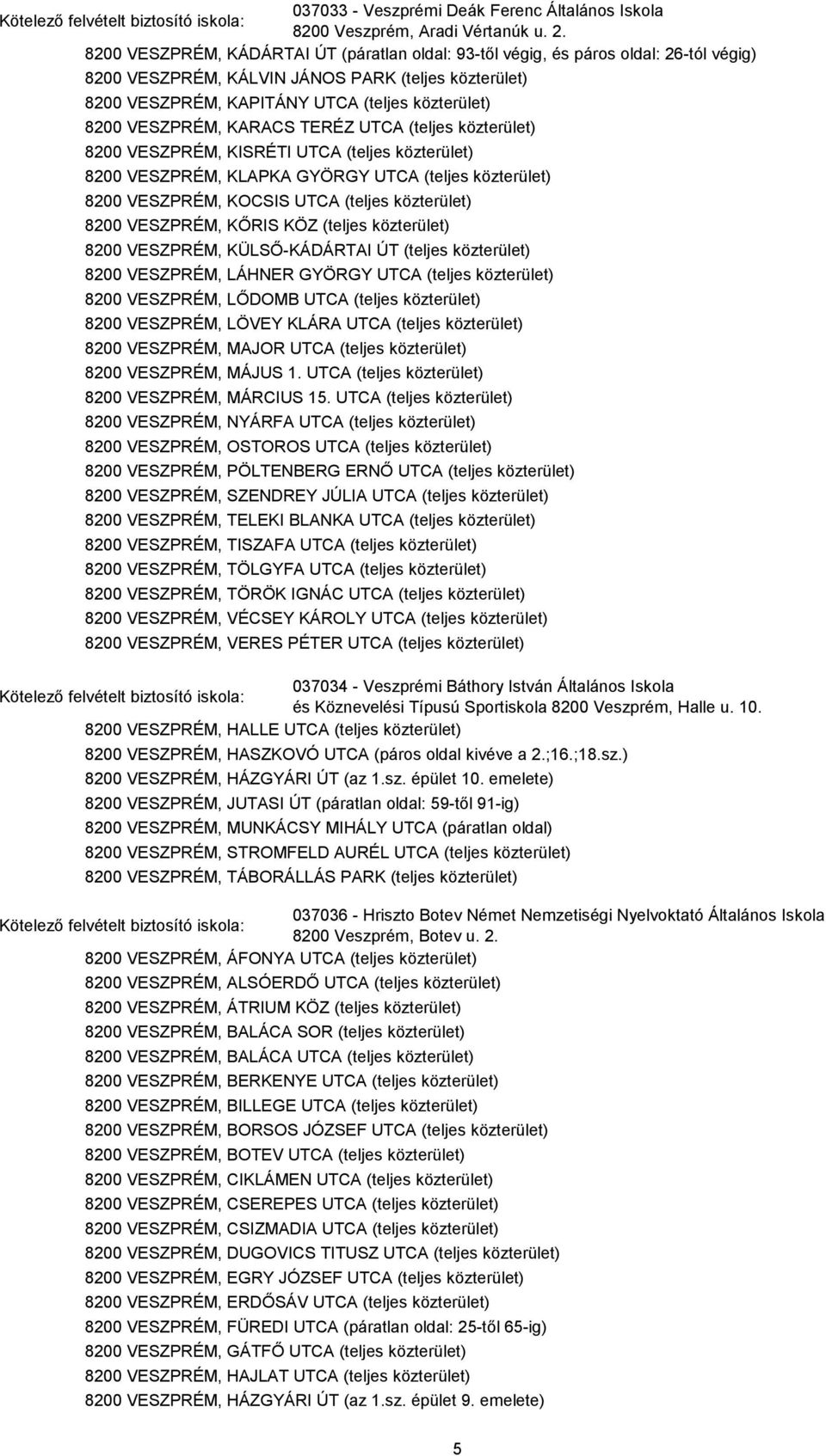 VESZPRÉM, KARACS TERÉZ UTCA (teljes közterület) 8200 VESZPRÉM, KISRÉTI UTCA (teljes közterület) 8200 VESZPRÉM, KLAPKA GYÖRGY UTCA (teljes közterület) 8200 VESZPRÉM, KOCSIS UTCA (teljes közterület)