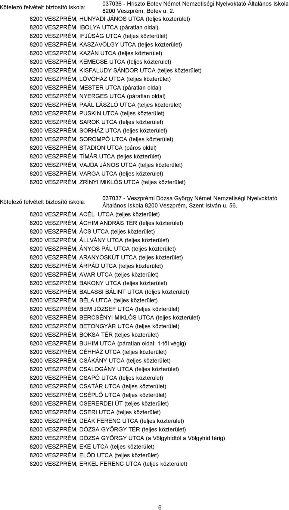 8200 VESZPRÉM, KAZÁN UTCA (teljes közterület) 8200 VESZPRÉM, KEMECSE UTCA (teljes közterület) 8200 VESZPRÉM, KISFALUDY SÁNDOR UTCA (teljes közterület) 8200 VESZPRÉM, LÖVŐHÁZ UTCA (teljes közterület)