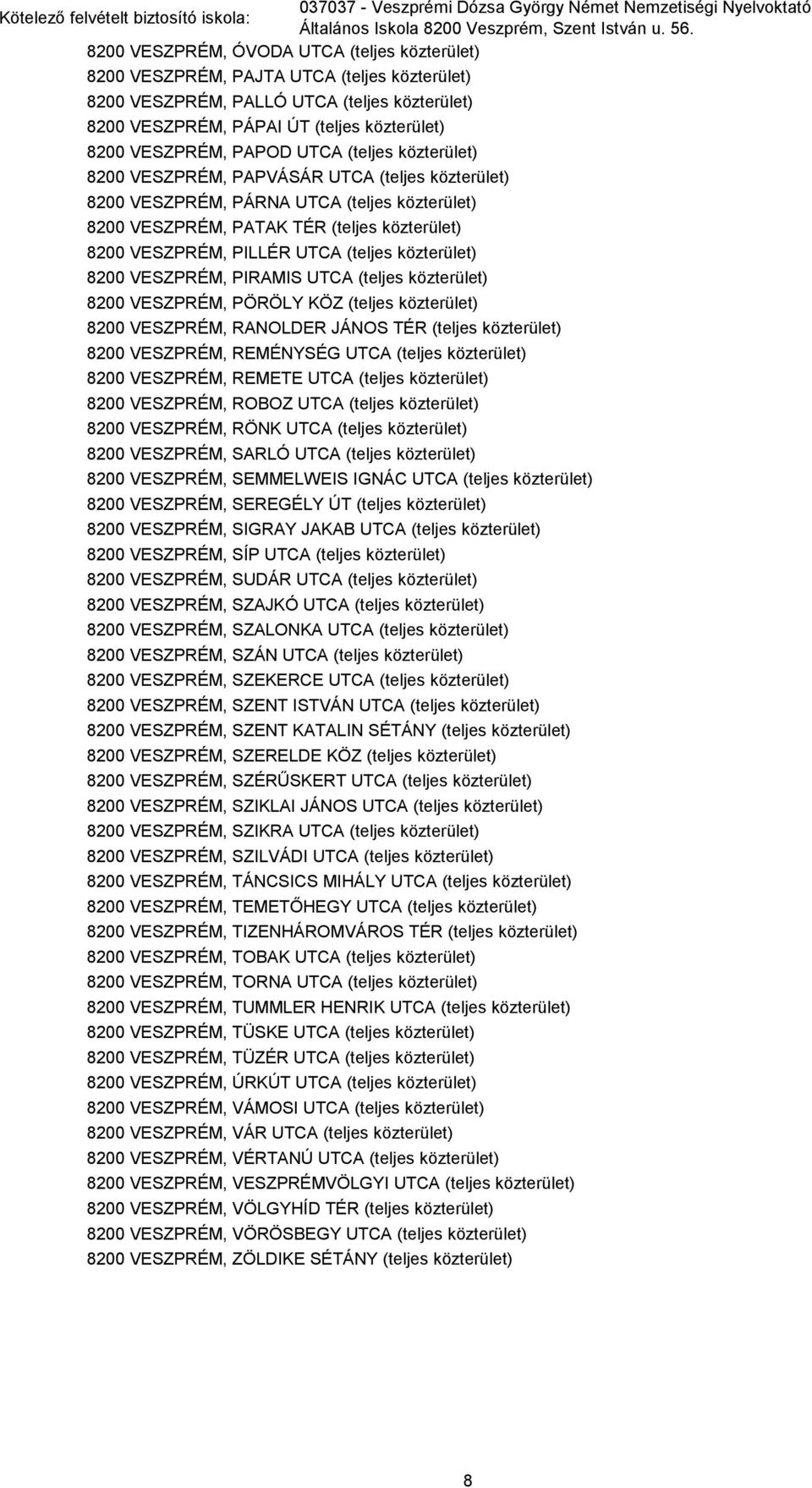 PAPOD UTCA (teljes közterület) 8200 VESZPRÉM, PAPVÁSÁR UTCA (teljes közterület) 8200 VESZPRÉM, PÁRNA UTCA (teljes közterület) 8200 VESZPRÉM, PATAK TÉR (teljes közterület) 8200 VESZPRÉM, PILLÉR UTCA