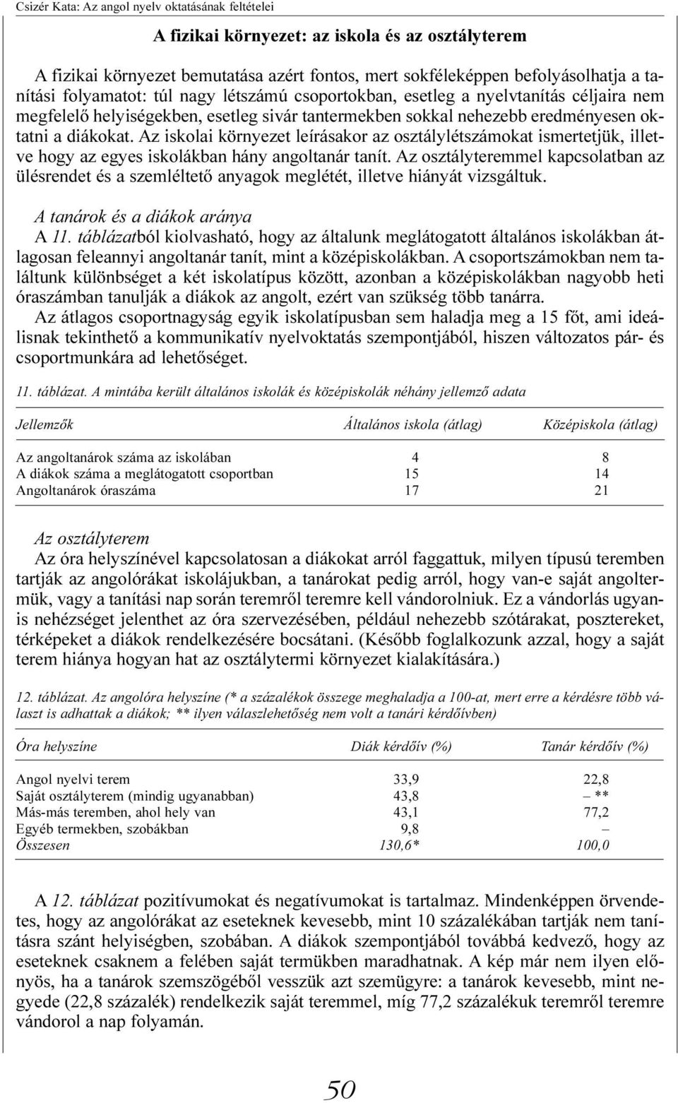 Az iskolai környezet leírásakor az osztálylétszámokat ismertetjük, illetve hogy az egyes iskolákban hány angoltanár tanít.