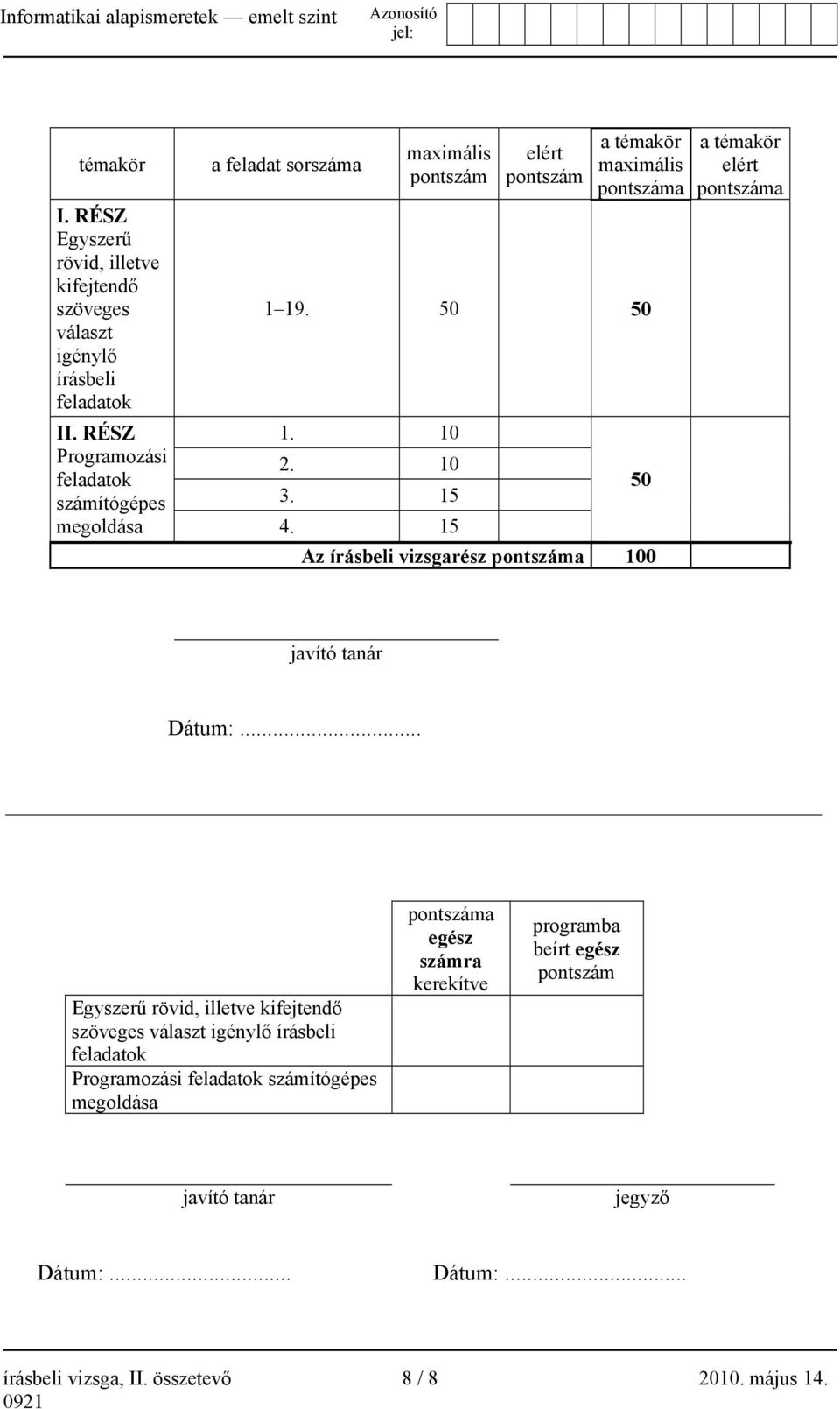 15 4. 15 50 Az írásbeli vizsgarész pontszáma 100 a témakör elért pontszáma javító tanár Dátum:.