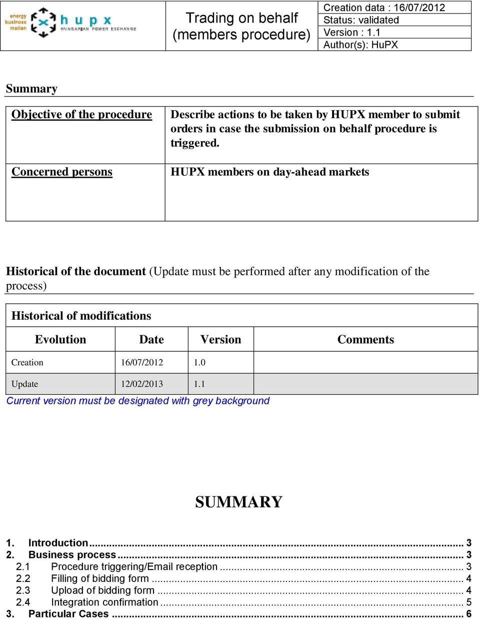 Version Comments Creation 16/07/2012 1.0 Update 12/02/2013 1.1 Current version must be designated with grey background SUMMARY 1. Introduction... 3 2. Business process.