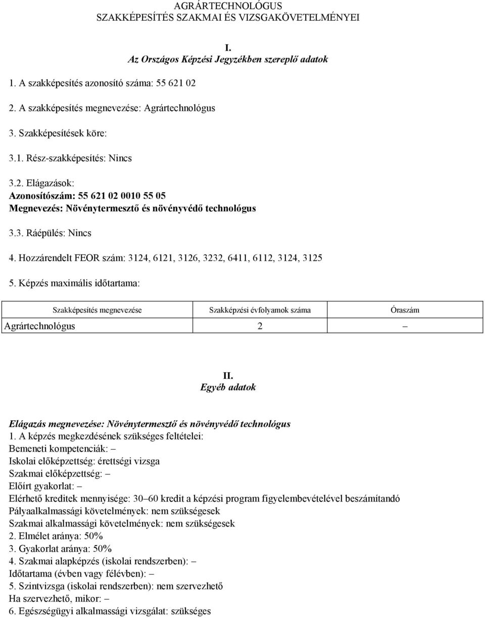 Hozzárendelt FEOR szám: 3124, 6121, 3126, 3232, 6411, 6112, 3124, 3125 5. Képzés maximális időtartama: Szakképesítés megnevezése Szakképzési évfolyamok száma Óraszám Agrártechnológus 2 II.