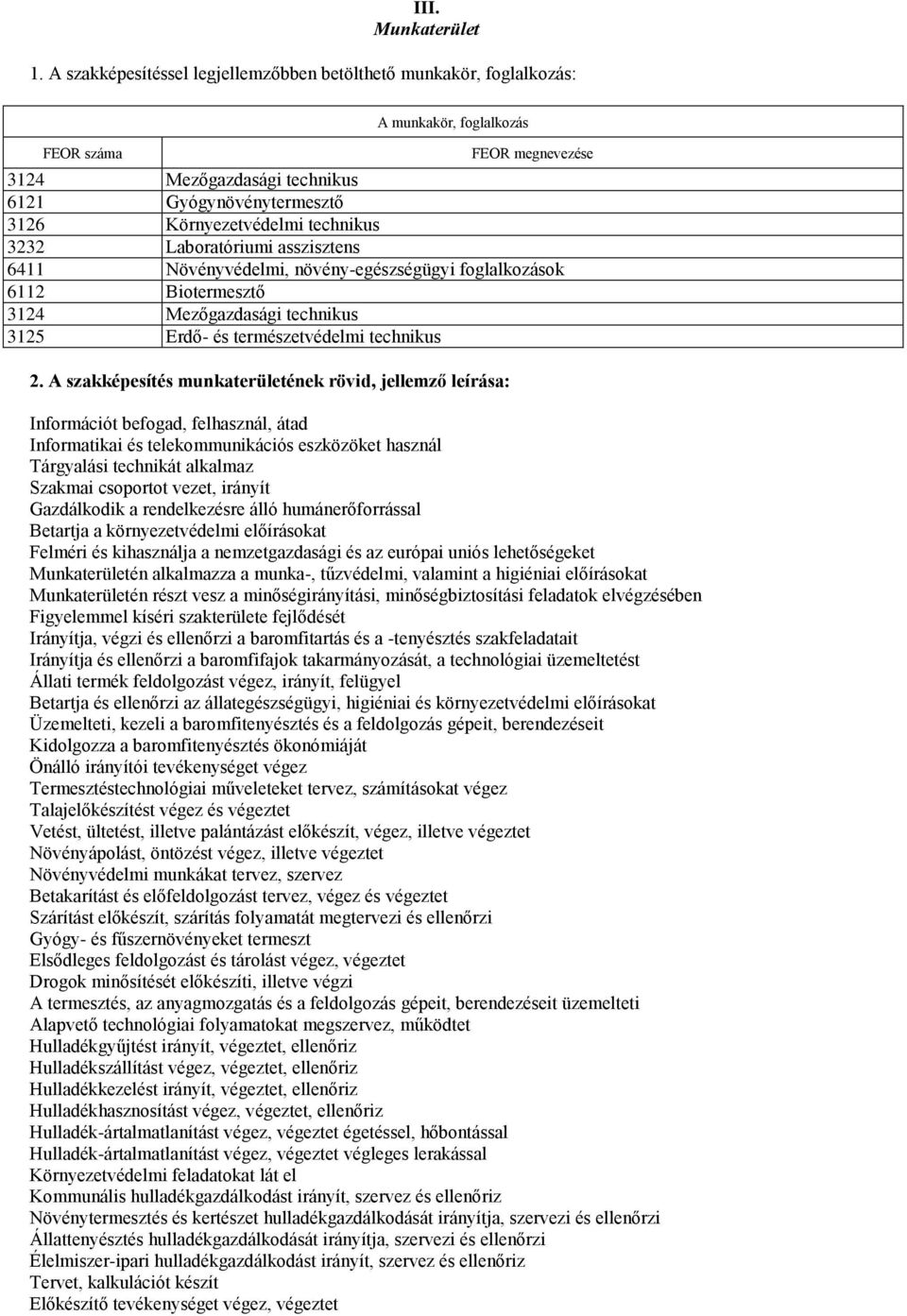 technikus 3232 Laboratóriumi asszisztens 6411 Növényvédelmi, növény-egészségügyi foglalkozások 6112 Biotermesztő 3124 Mezőgazdasági technikus 3125 Erdő- és természetvédelmi technikus 2.